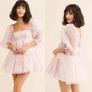 Selkie Pink Ivory Floral The PUFF ! Organza Mini Dress Puff sleeves Party MED